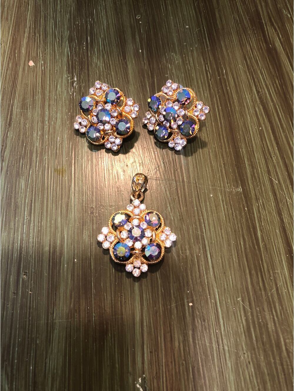 Vintage Purple Gold Rhinestone Pierced Earrings and Pendant Set